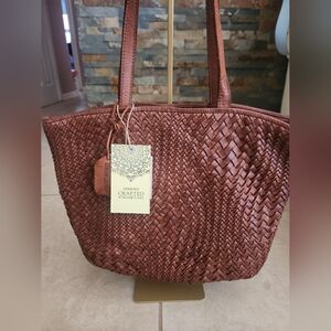 Genuine Brown Leather Shoulder Bag Crafted In India Woven Design Boho